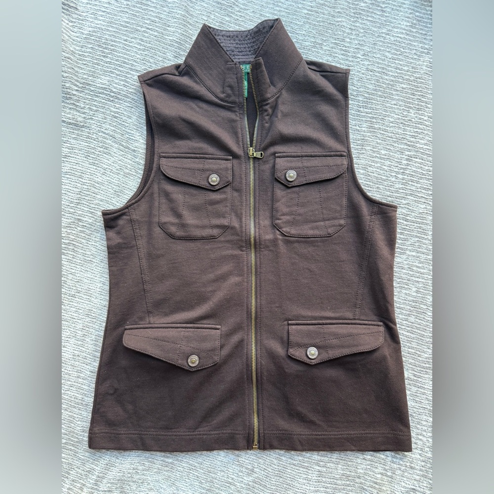 Lauren Ralph Lauren Women's Vest Zip Up Pockets Brown Size M